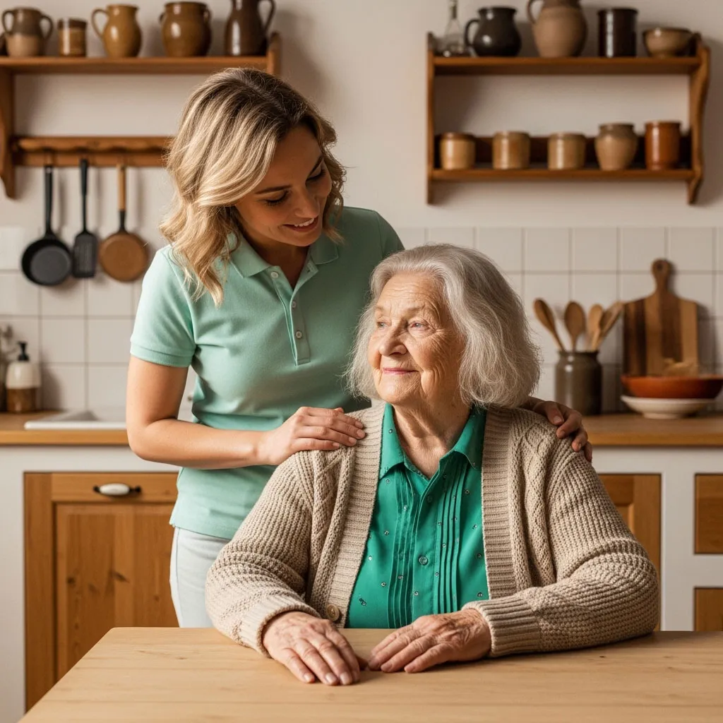 Pflegekraft von careplus betreut eine Seniorin in ihrer Küche